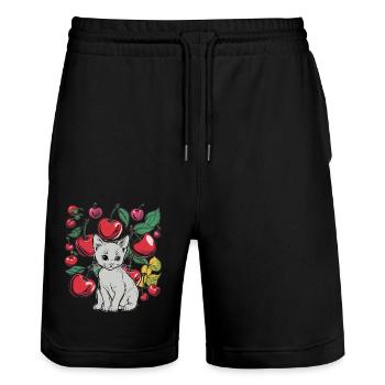 Katze Kirsche Katzen Kirschen - Stanley/Stella Unisex Bio Joggingshorts Trainer  - Schwarz - Vorne - Nik (191cm) & Marisol (170cm)