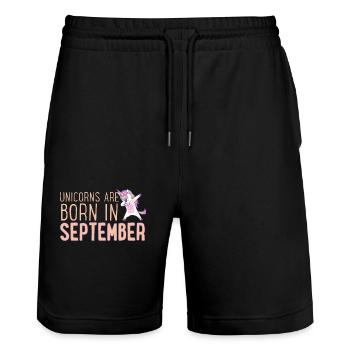 Les licornes sont nées en septembre Jeu de mots amusant - Short de jogging bio TRAINER Stanley/Stella unisexe - noir - Devant - Nik (191cm) & Marisol (170cm)