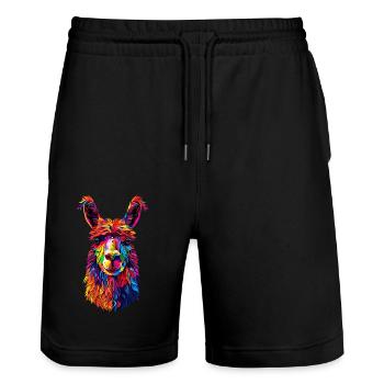 Alpaka Pop Art Bunte Farben Lama Regenbogen Alpaka - Stanley/Stella Unisex Bio Joggingshorts Trainer  - Schwarz - Vorne - Nik (191cm) & Marisol (170cm)