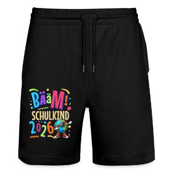 Bääm Schulkind 2026 - Stanley/Stella Unisex Bio Joggingshorts Trainer  - Schwarz - Vorne - Nik (191cm) & Marisol (170cm)