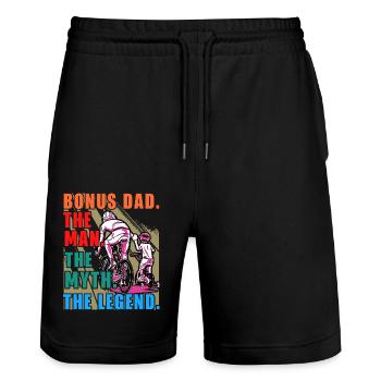 Bonus: Papa, der Mann, der Mythos, die Legende - Stanley/Stella Unisex Bio Joggingshorts Trainer  - Schwarz - Vorne - Nik (191cm) & Marisol (170cm)