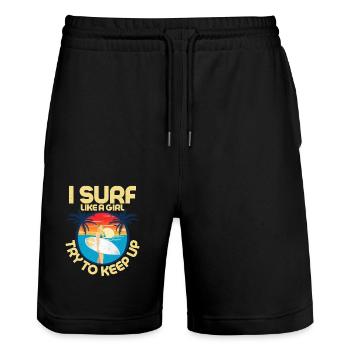 Je surfe comme une fille essaie de suivre le surfeur - Short de jogging bio TRAINER Stanley/Stella unisexe - noir - Devant - Nik (191cm) & Marisol (170cm)