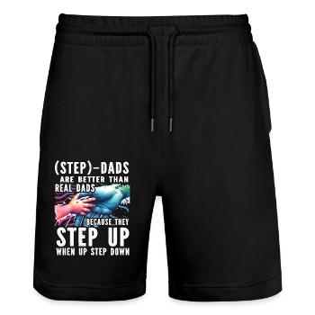 Stiefväter sind besser als echte Väter, weil - Stanley/Stella Unisex Bio Joggingshorts Trainer  - Schwarz - Vorne - Nik (191cm) & Marisol (170cm)