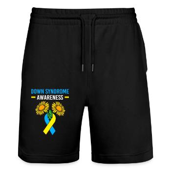 Down Syndrom T21 Chromosom Trisomie Sonnenblume - Stanley/Stella Unisex Bio Joggingshorts Trainer  - Schwarz - Vorne - Nik (191cm) & Marisol (170cm)