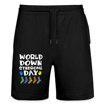 Down Syndrom T21 Chromosom Trisomie - Stanley/Stella Unisex Bio Joggingshorts Trainer  - Schwarz - Vorne - Nik (191cm) & Marisol (170cm)