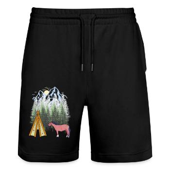 Schamanen Pferd Tipi Gebirge Berge Wald Natur USA - Stanley/Stella Unisex Bio Joggingshorts Trainer  - Schwarz - Vorne - Nik (191cm) & Marisol (170cm)