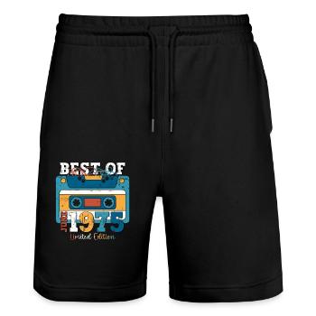 Kassette Juni 1975 Jahrgang 1975 Geburtstag 1975 - Stanley/Stella Unisex Bio Joggingshorts Trainer  - Schwarz - Vorne - Nik (191cm) & Marisol (170cm)