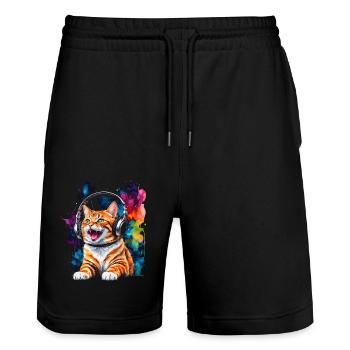 Katze Kopfhörer Bunt Lustig Tier Design Print - Stanley/Stella Unisex Bio Joggingshorts Trainer  - Schwarz - Vorne - Nik (191cm) & Marisol (170cm)
