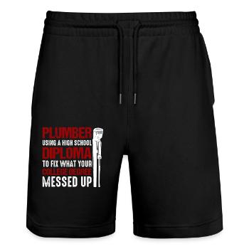 Funny Plumber Plumbing Pipefitter Wrench - Stanley/Stella Trainer Unisex Organic Jogging Shorts - black - Front - Nik (191cm) & Marisol (170cm)