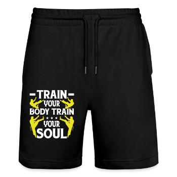 Trainiere deinen Körper, trainiere deine Seele - Stanley/Stella Unisex Bio Joggingshorts Trainer  - Schwarz - Vorne - Nik (191cm) & Marisol (170cm)