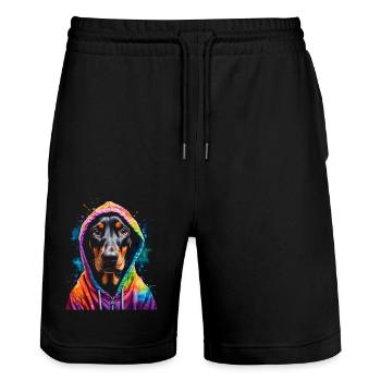 Dobermann Hoodie Hund Bunt Lustig Tier Print - Stanley/Stella Unisex Bio Joggingshorts Trainer  - Schwarz - Vorne - Nik (191cm) & Marisol (170cm)