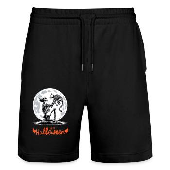 Happy Halloween Skelett Katze Vollmond Nacht - Stanley/Stella Unisex Bio Joggingshorts Trainer  - Schwarz - Vorne - Nik (191cm) & Marisol (170cm)