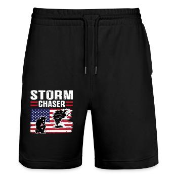 USA flag Tornado Chaser - Stanley/Stella Trainer Unisex Organic Jogging Shorts - black - Front - Nik (191cm) & Marisol (170cm)