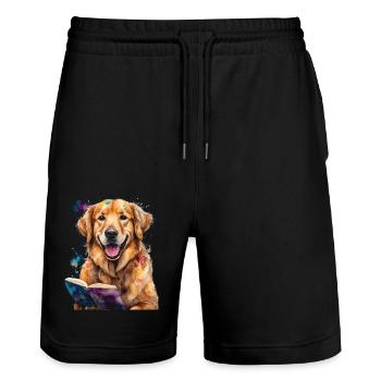 Golden Retriever Lesen Hund Lustig Design Print - Stanley/Stella Unisex Bio Joggingshorts Trainer  - Schwarz - Vorne - Nik (191cm) & Marisol (170cm)