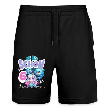 6. Geburtstag Meerjungfrau Delfin Kinder Mädchen - Stanley/Stella Unisex Bio Joggingshorts Trainer  - Schwarz - Vorne - Nik (191cm) & Marisol (170cm)