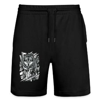Wolf mit Grünen Augen in Geometrischem Stil - Stanley/Stella Unisex Bio Joggingshorts Trainer  - Schwarz - Vorne - Nik (191cm) & Marisol (170cm)