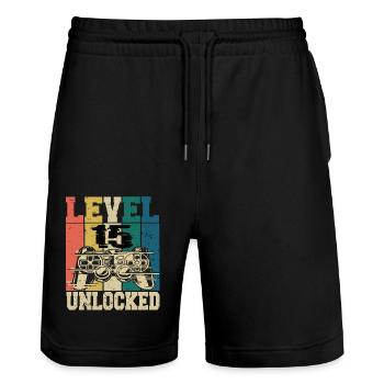 Level 18 Unlocked - Stanley/Stella Trainer Unisex Organic Jogging Shorts - black - Front - Nik (191cm) & Marisol (170cm)