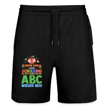 Parents School Child Primary School First Grade Enrollment - Stanley/Stella Trainer Unisex Organic Jogging Shorts - black - Front - Nik (191cm) & Marisol (170cm)