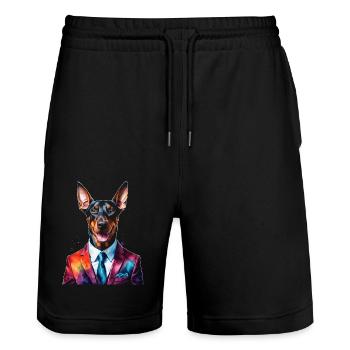 Dobermann Anzug Hund Bunt Lustig Tier Design Print - Stanley/Stella Unisex Bio Joggingshorts Trainer  - Schwarz - Vorne - Nik (191cm) & Marisol (170cm)