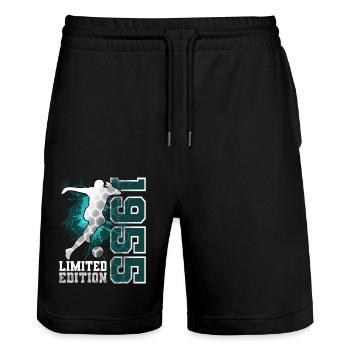 1955 Football Limited Edition Birthday - Stanley/Stella Trainer Unisex Organic Jogging Shorts - black - Front - Nik (191cm) & Marisol (170cm)