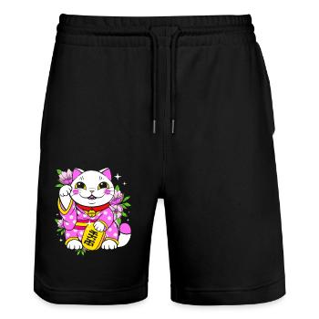 Maneki Neko Japan Glücksbringer - Stanley/Stella Unisex Bio Joggingshorts Trainer  - Schwarz - Vorne - Nik (191cm) & Marisol (170cm)