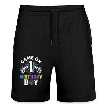 Lasertag Game On 1 Birthday Boy Indoor Laser Tag - Stanley/Stella Trainer Unisex Organic Jogging Shorts - black - Front - Nik (191cm) & Marisol (170cm)