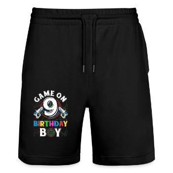 Lasertag Game On 9 Birthday Boy Indoor Laser Tag - Stanley/Stella Trainer Unisex Organic Jogging Shorts - black - Front - Nik (191cm) & Marisol (170cm)