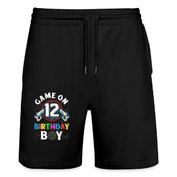 Lasertag Game On 12 Birthday Boy Indoor Laser Tag - Stanley/Stella Trainer Unisex Organic Jogging Shorts - black - Front - Nik (191cm) & Marisol (170cm)