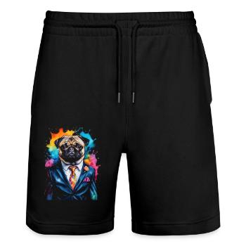Mops Anzug Hund Bunt Lustig Tier Design Print - Stanley/Stella Unisex Bio Joggingshorts Trainer  - Schwarz - Vorne - Nik (191cm) & Marisol (170cm)