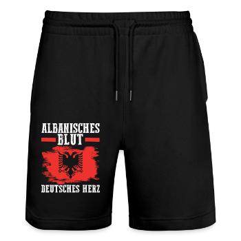 Albanian Albanian German Albania - Stanley/Stella Trainer Unisex Organic Jogging Shorts - black - Front - Nik (191cm) & Marisol (170cm)