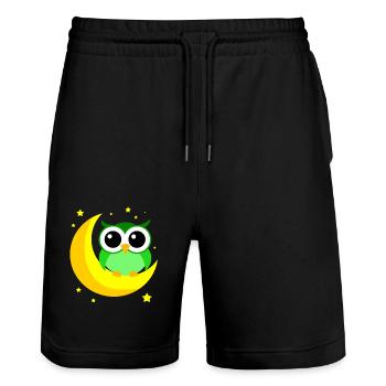 Green Owl On Moon Cartoon Predator Bird Nocturnal - Stanley/Stella Trainer Unisex Organic Jogging Shorts - black - Front - Nik (191cm) & Marisol (170cm)