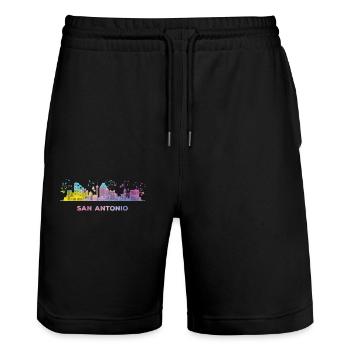 San Antonian Skyline San Antonio - Stanley/Stella Trainer Unisex Organic Jogging Shorts - black - Front - Nik (191cm) & Marisol (170cm)