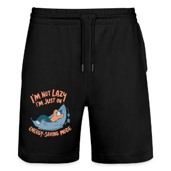 ICH BIN NICHT FAUL, ICH BIN NUR IM ENERGIESPARMODUS - Stanley/Stella Unisex Bio Joggingshorts Trainer  - Schwarz - Vorne - Nik (191cm) & Marisol (170cm)