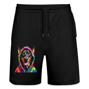 Dobermann Hoodie Hund Bunt Lustig Tier Print - Stanley/Stella Unisex Bio Joggingshorts Trainer  - Schwarz - Vorne - Nik (191cm) & Marisol (170cm)