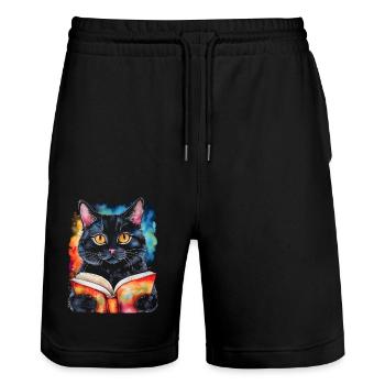 Katze Lesen Buch Bunt Lustig Tier Design Print - Stanley/Stella Unisex Bio Joggingshorts Trainer  - Schwarz - Vorne - Nik (191cm) & Marisol (170cm)