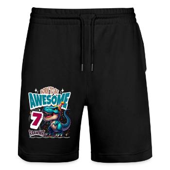 T Rex Dinosaur 7th Birthday Children's Birthday - Stanley/Stella Trainer Unisex Organic Jogging Shorts - black - Front - Nik (191cm) & Marisol (170cm)