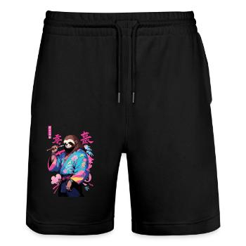 Samurai Sloth Aesthetic Vaporwave Style Art - Stanley/Stella Trainer Unisex Organic Jogging Shorts - black - Front - Nik (191cm) & Marisol (170cm)