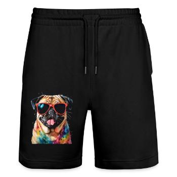 Mops Sonnenbrille Hund Bunt Lustig Design Print - Stanley/Stella Unisex Bio Joggingshorts Trainer  - Schwarz - Vorne - Nik (191cm) & Marisol (170cm)