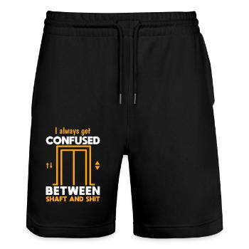 Funny Elevator Mechanic Confused Shaft & Shit Gift - Stanley/Stella Unisex Bio Joggingshorts Trainer  - Schwarz - Vorne - Nik (191cm) & Marisol (170cm)