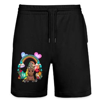Regenbogen Pferd Pferde Kinder Kind Blumen - Stanley/Stella Unisex Bio Joggingshorts Trainer  - Schwarz - Vorne - Nik (191cm) & Marisol (170cm)