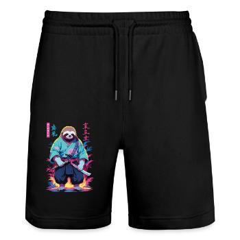 Samurai Sloth Aesthetic Vaporwave Style - Stanley/Stella Trainer Unisex Organic Jogging Shorts - black - Front - Nik (191cm) & Marisol (170cm)