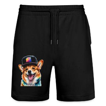 Corgi Snapback Cap chien drôle animal Design Print - Short de jogging bio TRAINER Stanley/Stella unisexe - noir - Devant - Nik (191cm) & Marisol (170cm)