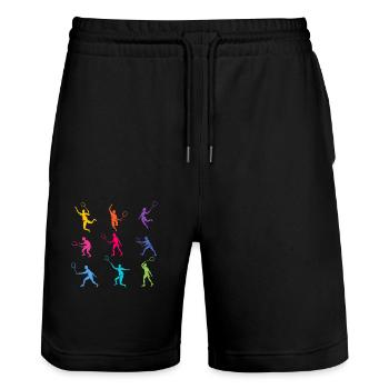 Colorful silhouettes of badminton players in action - Stanley/Stella Trainer Unisex Organic Jogging Shorts - black - Front - Nik (191cm) & Marisol (170cm)