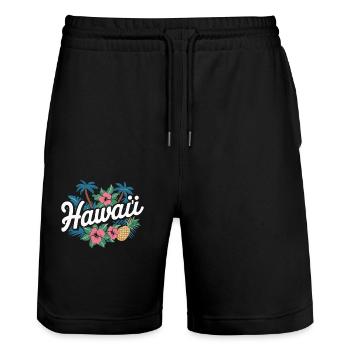 Hawaii Souvenir Tropical Flowers and Pineapple - Stanley/Stella Trainer Unisex Organic Jogging Shorts - black - Front - Nik (191cm) & Marisol (170cm)