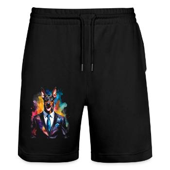 Dobermann Anzug Hund Bunt Lustig Tier Design Print - Stanley/Stella Unisex Bio Joggingshorts Trainer  - Schwarz - Vorne - Nik (191cm) & Marisol (170cm)