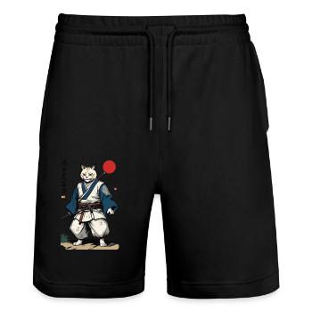 Chat Samouraï Vintage Ukiyo-E Artwork Design - Short de jogging bio TRAINER Stanley/Stella unisexe - noir - Devant - Nik (191cm) & Marisol (170cm)