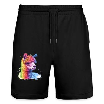 Bunter Alpaka Regenbogen Portrait - Stanley/Stella Unisex Bio Joggingshorts Trainer  - Schwarz - Vorne - Nik (191cm) & Marisol (170cm)
