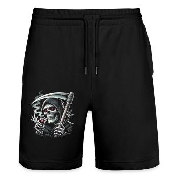 Schwarzer Humor rauchender Sensenmann zu Halloween - Stanley/Stella Unisex Bio Joggingshorts Trainer  - Schwarz - Vorne - Nik (191cm) & Marisol (170cm)