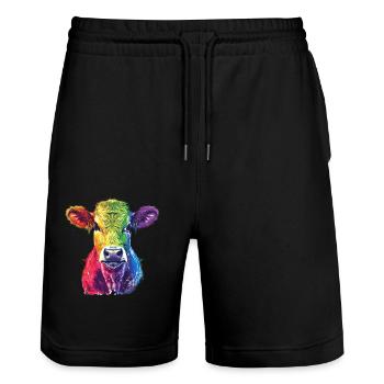 Bunte Regenbogen-Kuh Kunstwerk - Stanley/Stella Unisex Bio Joggingshorts Trainer  - Schwarz - Vorne - Nik (191cm) & Marisol (170cm)