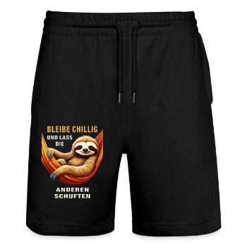 BLEIBE CHILLIG LASS DIE ANDEREN SCHUFTEN - Stanley/Stella Unisex Bio Joggingshorts Trainer  - Schwarz - Vorne - Nik (191cm) & Marisol (170cm)